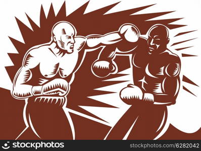 illustration of a boxer connecting a knockout punch done in retro style. boxer connecting knockout punch