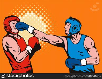 illustration of a boxer connecting a knockout punch retro. boxer connecting knockout punch