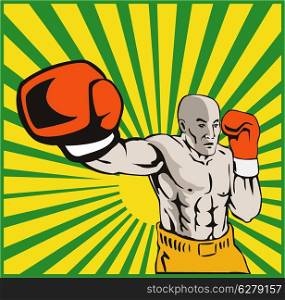Illustration of a boxer jabbing punching front view done in retro style