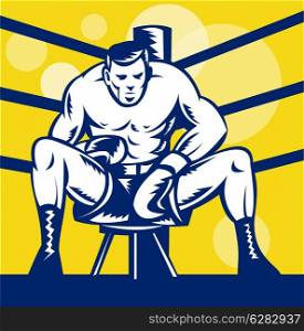 illustration of a Boxer sitting on stool front view inside boxing ring in square format done in retro woodcut style. Boxer sitting on stool front view