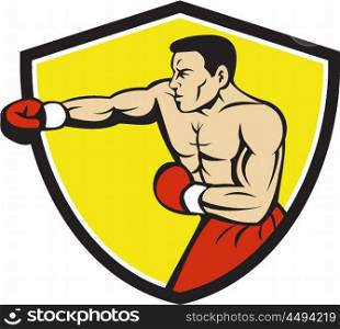Illustration of a boxer wearing boxing gloves jabbing punching boxing viewed from the side set inside shield crest done in cartoon style. . Boxer Jabbing Punching Crest Cartoon