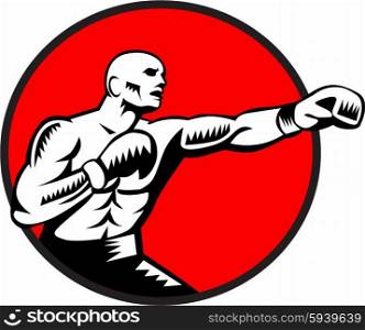 Illustration of a boxer wearing boxing gloves jabbing punching boxing viewed from the side set inside circle done in retro woodcut style. . Boxer Jabbing Punching Circle Woodcut
