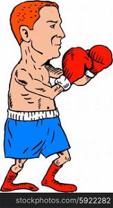 Illustration of a boxer wearing with boxing gloves in fighting stance pose viewed from the side set on isolated white background done in cartoon style.. Boxer Fighting Stance Cartoon