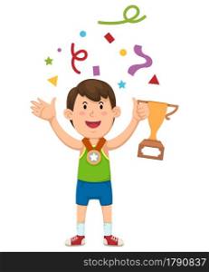 Illustration of a boy champion with his trophy vector
