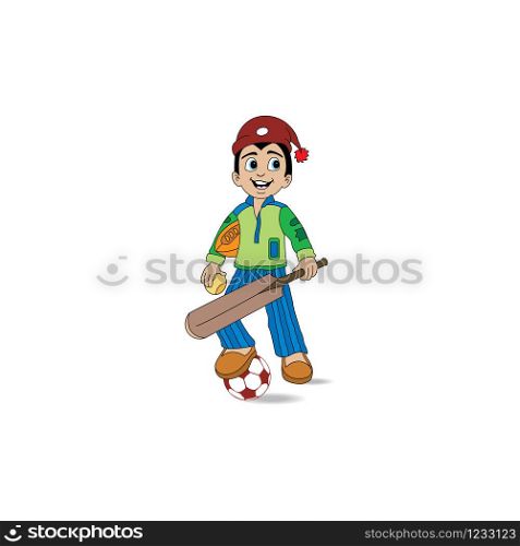 Illustration of a Boy Holding a Cricket Bat and soccer ball in feet.