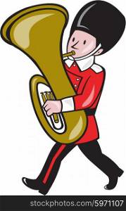 Illustration of a brass band member playing tuba set on isolated white background done in cartoon style. . Brass Band Member Playing Tuba Cartoon