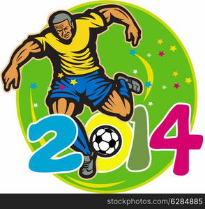 Illustration of a Brazil football player kicking soccer ball in oval background with numbers 2014 done in retro style.. Brazil 2014 Football Player Kick Retro