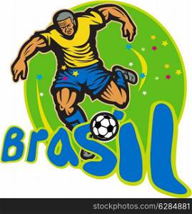 Illustration of a Brazil football player kicking soccer ball in round background with words Brasil done in retro style.. Brazil Football Player Kicking Ball Retro
