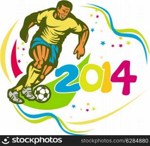 Illustration of a Brazil football player kicking soccer ball on isolated white background with numbers 2014 done in retro style.. Brazil 2014 Football Player Running Ball Retro