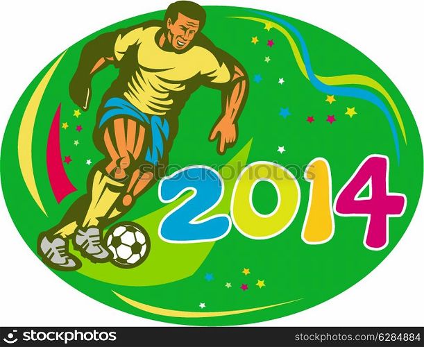 Illustration of a Brazil football player kicking soccer ball set inside oval in isolated background with words Brasil 2014 done in retro style.. Brasil 2014 Soccer Football Player Run Retro