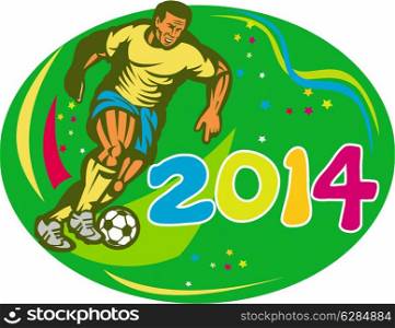 Illustration of a Brazil football player kicking soccer ball set inside oval in isolated background with words Brasil 2014 done in retro style.. Brasil 2014 Soccer Football Player Run Retro