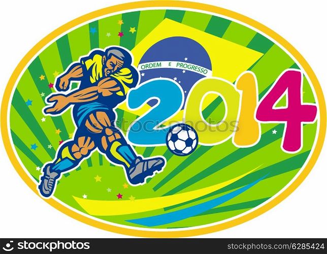 Illustration of a Brazil football player kicking soccer ball with Brazilian flag in background with numbers 2014 set inside oval done in retro style.. Brazil 2014 Soccer Football Player Kicking Ball