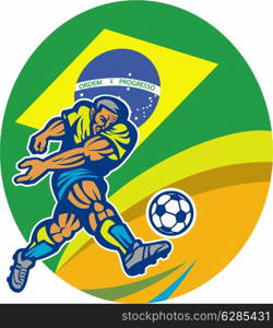 Illustration of a Brazil football player kicking soccer ball with Brazilian flag in background set inside oval done in retro style.. Brazil Soccer Football Player Kicking Ball Retro