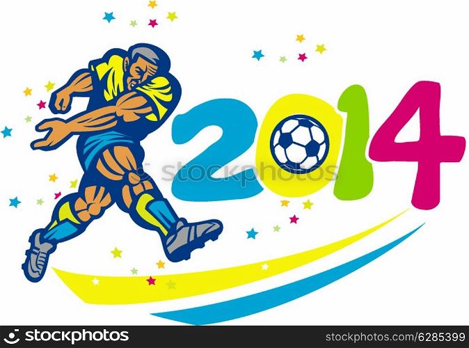 Illustration of a Brazil football player kicking soccer ball with numbers 2014 on isolated white done in retro style.
