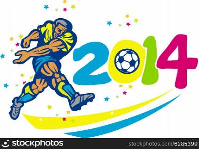 Illustration of a Brazil football player kicking soccer ball with numbers 2014 on isolated white done in retro style.