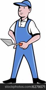 illustration of a Brick layer, mason or plasterer worker holding a trowel standing on isolated background done in cartoon style