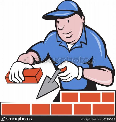 illustration of a bricklayer mason at work done in cartoon style on isolated background. bricklayer mason at work