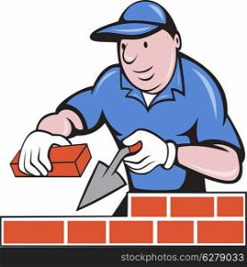 illustration of a bricklayer mason at work done in cartoon style on isolated background. bricklayer mason at work