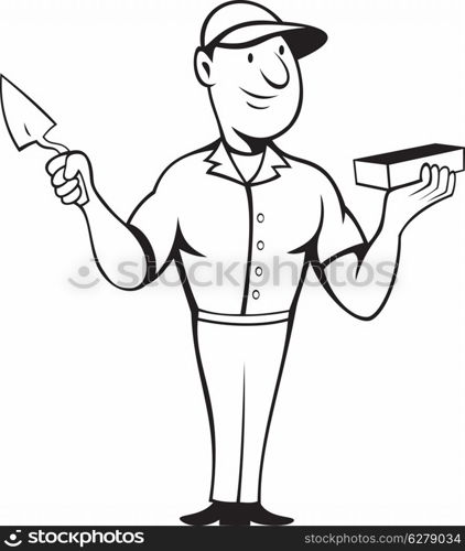 illustration of a bricklayer mason at work standing holding a brick and trowel done in cartoon style on isolated background. bricklayer mason standing