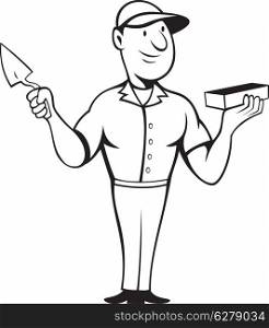illustration of a bricklayer mason at work standing holding a brick and trowel done in cartoon style on isolated background. bricklayer mason standing