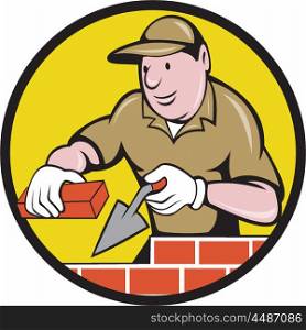 Illustration of a bricklayer mason plasterer construction worker at work holding brick and trowel set inside circle done in cartoon style. . Bricklayer Bricks Trowel Circle Cartoon