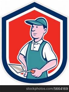 Illustration of a bricklayer mason plasterer worker standing holding a trowel set inside shield crest on isolated background done in cartoon style.. Bricklayer Mason Plasterer Shield Cartoon
