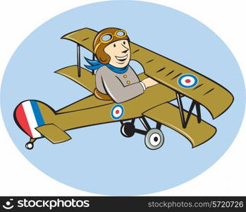 Illustration of a British airforce world war one pilot flying a Sopwith Camel Scout which is a single-seat fighter aircraft propeller airplane done in cartoon style.. Sopwith Camel Scout Airplane Cartoon