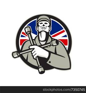 Illustration of a British mechanic worker wearing hat holding tire wrench, 4-way lug wrench or tyre iron on chest looking up set in shield with Union Jack flag in background in retro style. . British Tyre Technician Lug Wrench Union Jack Flag Circle Icon