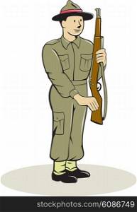 Illustration of a British World War II soldier presenting arms rifle weapon for inspection set on isolated white background done in cartoon style. . British World War II Soldier Presenting Arms Cartoon