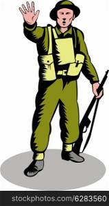 illustration of a British world war two soldier serviceman with rifle putting hand up to stop on isolated background. British soldier serviceman with rifle