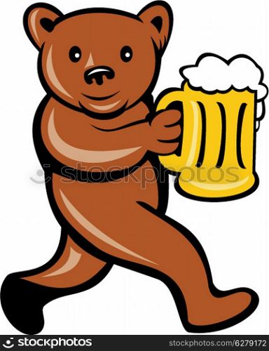 Illustration of a brown bear holding a beer mug running viewed from side done in cartoon style set on isolated background.. Bear Beer Mug Running Side Cartoon