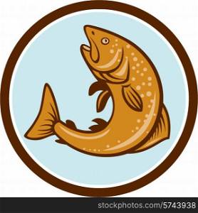 Illustration of a brown trout rainbow spotted fish jumping viewed from the side set inside circle on isolated background done in cartoon style. . Brown Trout Jumping Circle Cartoon