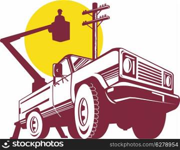 illustration of a bucket pick-up truck with cherry picker done in retro style viewed from low angle. bucket pick-up truck with cherry picker