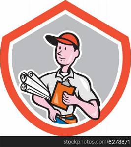 Illustration of a builder carpenter architect construction worker with plans and clipboard looking to the side set inside shield crest done in cartoon style on isolated background.. Builder Carpenter With Plans Shield Cartoon