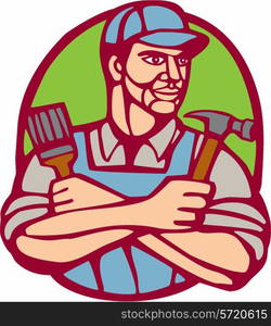 Illustration of a builder carpenter construction worker holding hammer and paintbrush arms crossed looking to the side set inside circle on isolated background done in woodcut linocut style. . Builder Carpenter Paintbrush Hammer Linocut