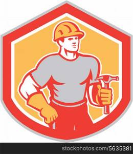 Illustration of a builder construction carpenter worker holding hammer set inside shield on isolated background done in retro style.. Builder Carpenter Holding Hammer Shield Retro