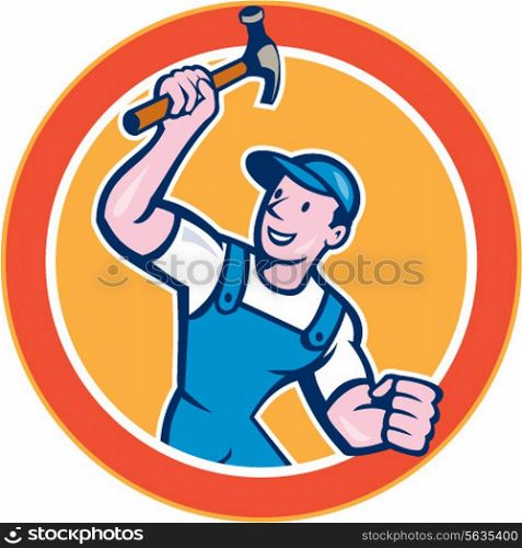Illustration of a builder construction worker carpenter holding hammer facing side on isolated background set inside circle done in cartoon style. . Builder Carpenter Holding Hammer Circle Cartoon
