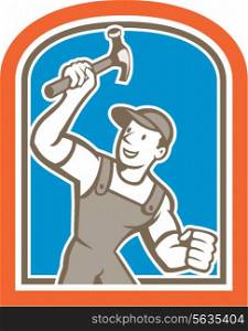 Illustration of a builder construction worker carpenter holding hammer facing side on isolated background set inside shield crest done in cartoon style. . Builder Carpenter Holding Hammer Shield Cartoon