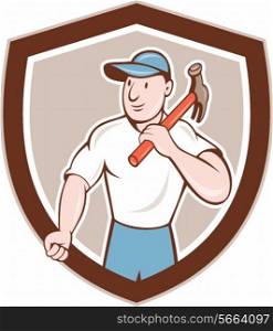 Illustration of a builder construction worker carpenter holding hammer on shoulder looking to the side set inside shield crest on isolated background done in cartoon style. . Builder Carpenter Holding Hammer Shield Cartoon