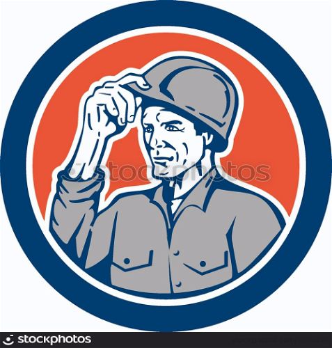 Illustration of a builder construction worker tipping hardhat set inside circle on isolated background done in retro style. . Builder Carpenter Tipping Hardhat Circle Retro