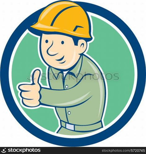 Illustration of a builder construction worker wearing hardhat thumbs up looking to the side set inside circle on isolated background done in retro style. . Builder Construction Worker Thumbs Up Circle Cartoon