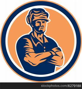 Illustration of a builder construction worker wearing hardhat with arms crossed facing front set inside circle done in retro style on isolated background.. Builder Carpenter Arms Crossed Retro