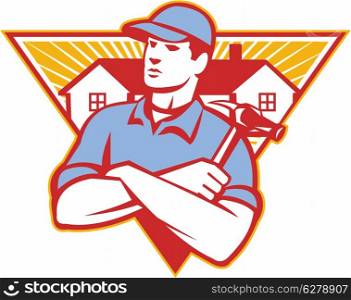 Illustration of a builder construction worker with hammer arms crossed with house in background set inside triangle done in retro style.