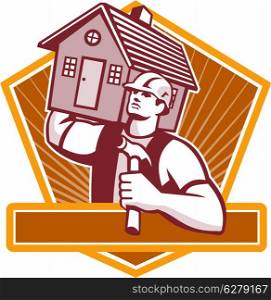 Illustration of a builder construction worker with hammer carrying house on shoulder set inside shield done in retro style.. Builder Carpenter Carry House Retro