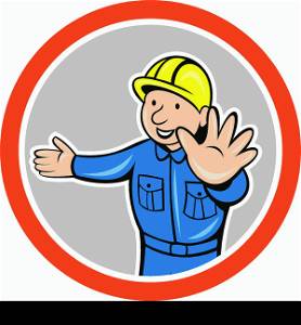 Illustration of a builder construction worker with hands out set inside circle on isolated white background done in cartoon style. . Builder Hands Out Circle Cartoon