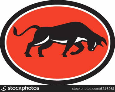 Illustration of a bull attacking charging viewed from the side set inside oval shape on isolated background done in retro style.