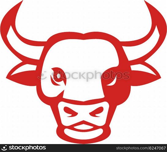 Illustration of a bull cow head smiling friendly facing front set on isolated white background done in retro style. . Bull Cow Head Smiling Isolated Retro