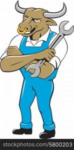 Illustration of a bull mechanic standing with arms folded looking to the side holding spanner set on isolated white background done in cartoon style. . Bull Mechanic Spanner Standing Cartoon