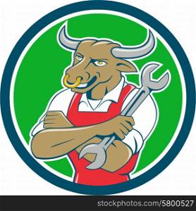 Illustration of a bull mechanic standing with arms folded looking to the side holding spanner set inside circle on isolated background done in cartoon style. . Bull Mechanic Spanner Standing Circle Cartoon