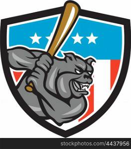 Illustration of a bulldog baseball player batter hitter batting viewed from side set inside shield crest with usa stars and stripes flag in the background done in retro style. . Bulldog Baseball Batting USA Crest Cartoon